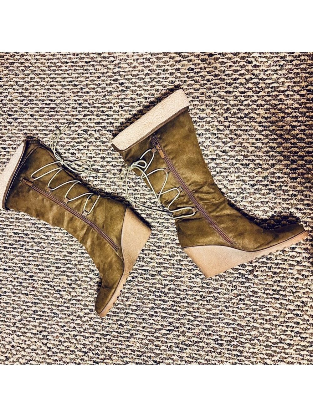 Light Brown Lace Up Zipper Wedge Boots - Picture 4 of 15